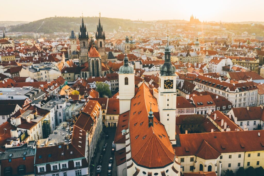 Aerial panorama of the Old Town, Prague, Czech Republic. Strahov monastery, Prague Castle.